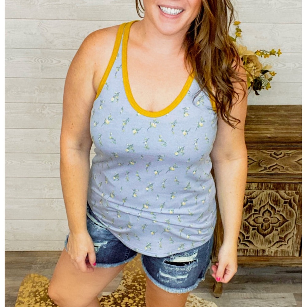 7th Ray Floral Racerback Tank Top in Denim Blue